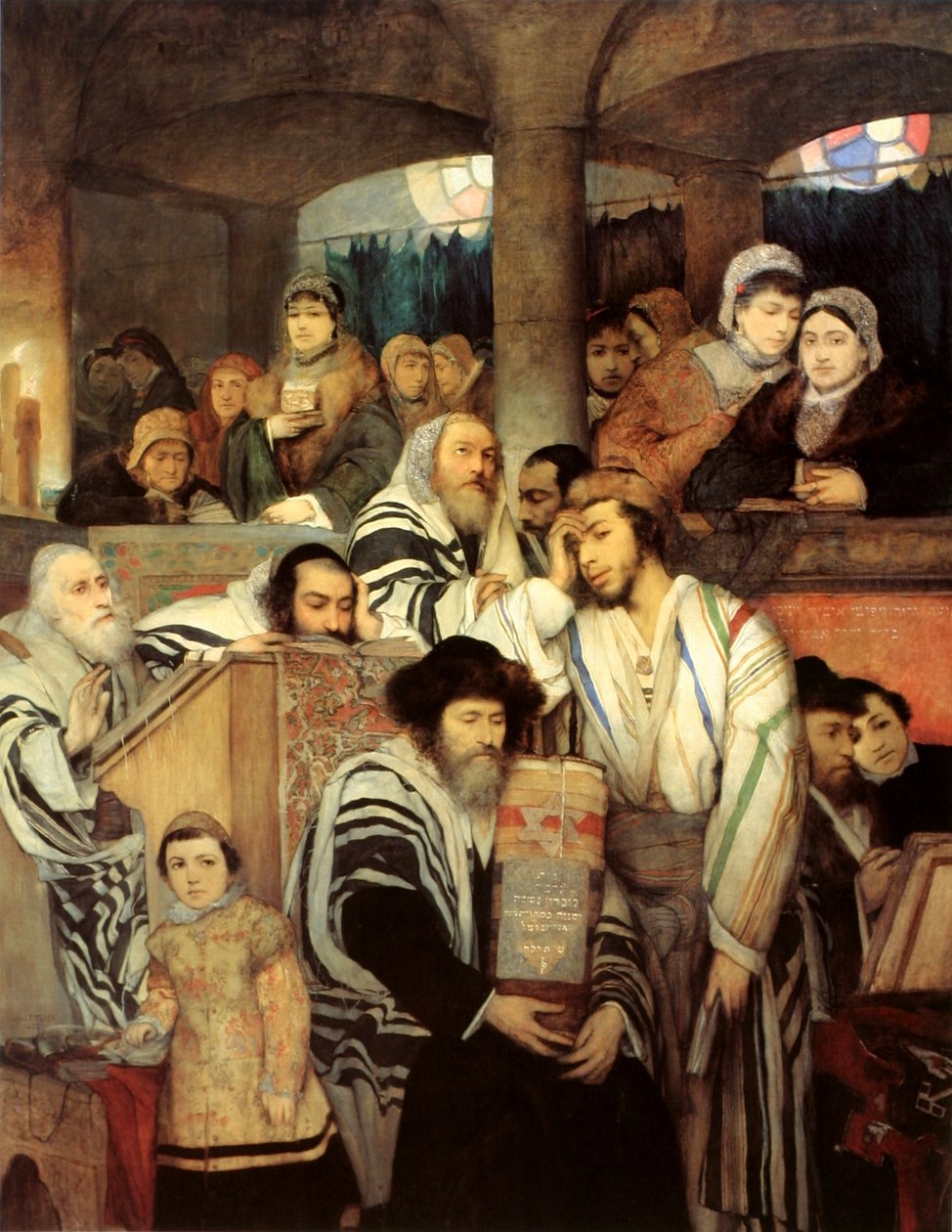 Ebrei in preghiera nella sinagoga durante lo Yom Kippur da Maurycy Gottlieb