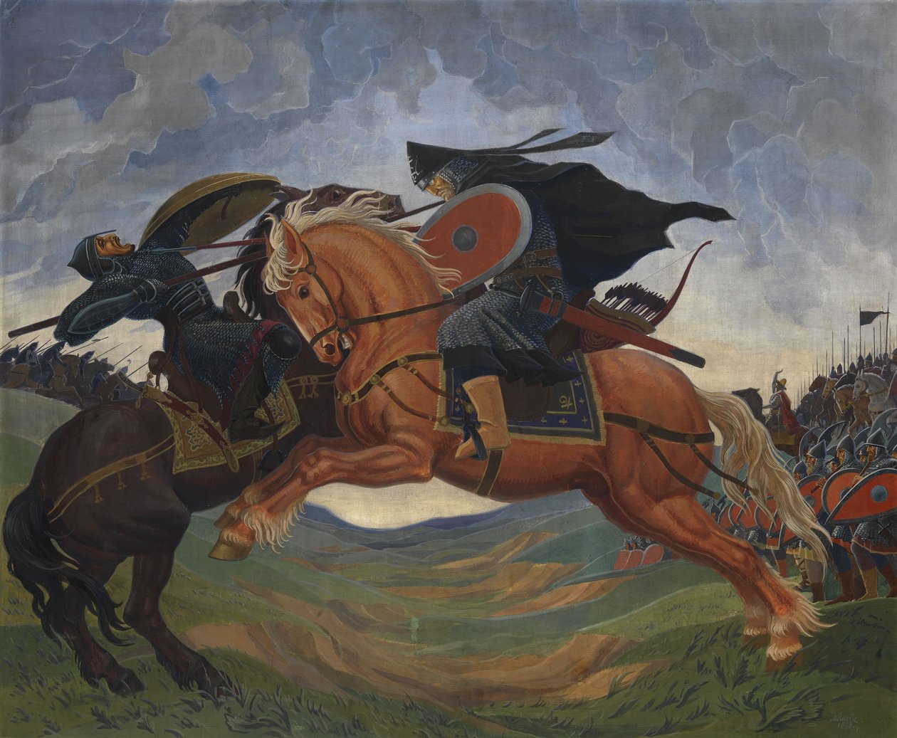 Combattimento singolo di Peresvet e Temir-murza sul Campo di Kulikovo nel 1380 da Mavriki Petrovich Jacobi