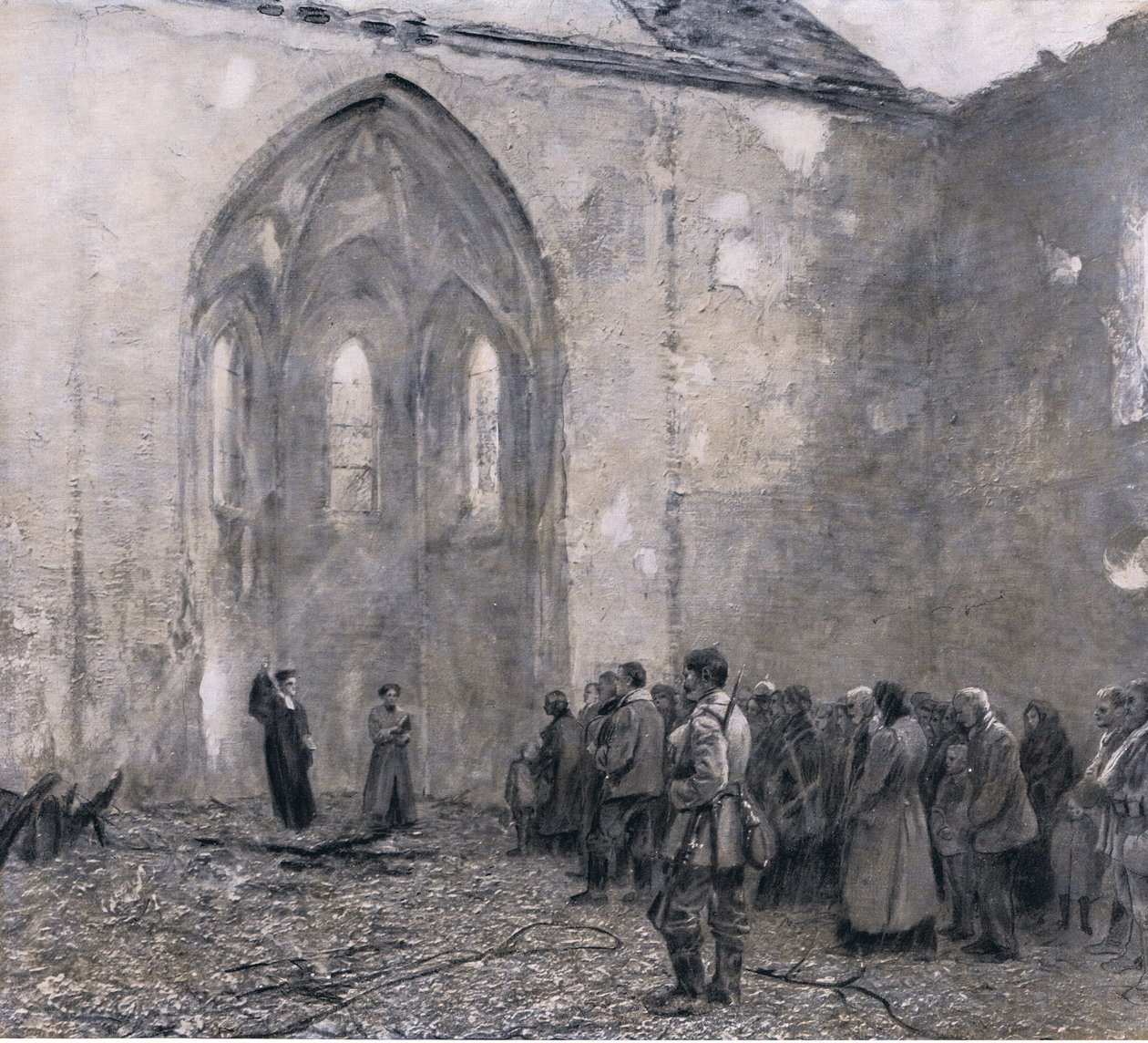 Prussia orientale dopo i "giorni del terrore" russi. Il primo servizio nella chiesa devastata di Luck, illustrazione da Hindenburg pubblicata da Daterlandischer Derlag C U Weller Berlino, 1922 da Max Rabes