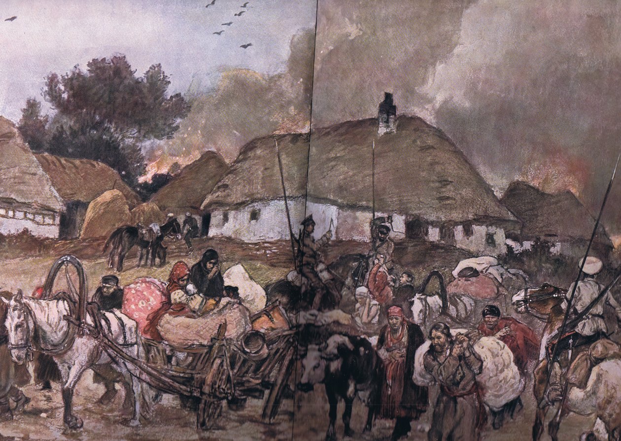 In cammino verso Brest-Litowsk: rifugiati polacchi con cosacchi che seguono dietro, da La Storia Illustrata della Guerra Mondiale 1914-1915 pub. da Union Berlagsefellfchaft, 1922 Vol. 3 da Max Tilke