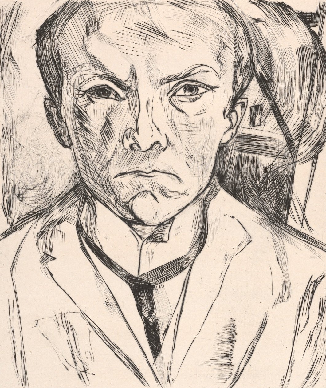 Autoritratto frontale con timpano di casa sullo sfondo da Max Beckmann