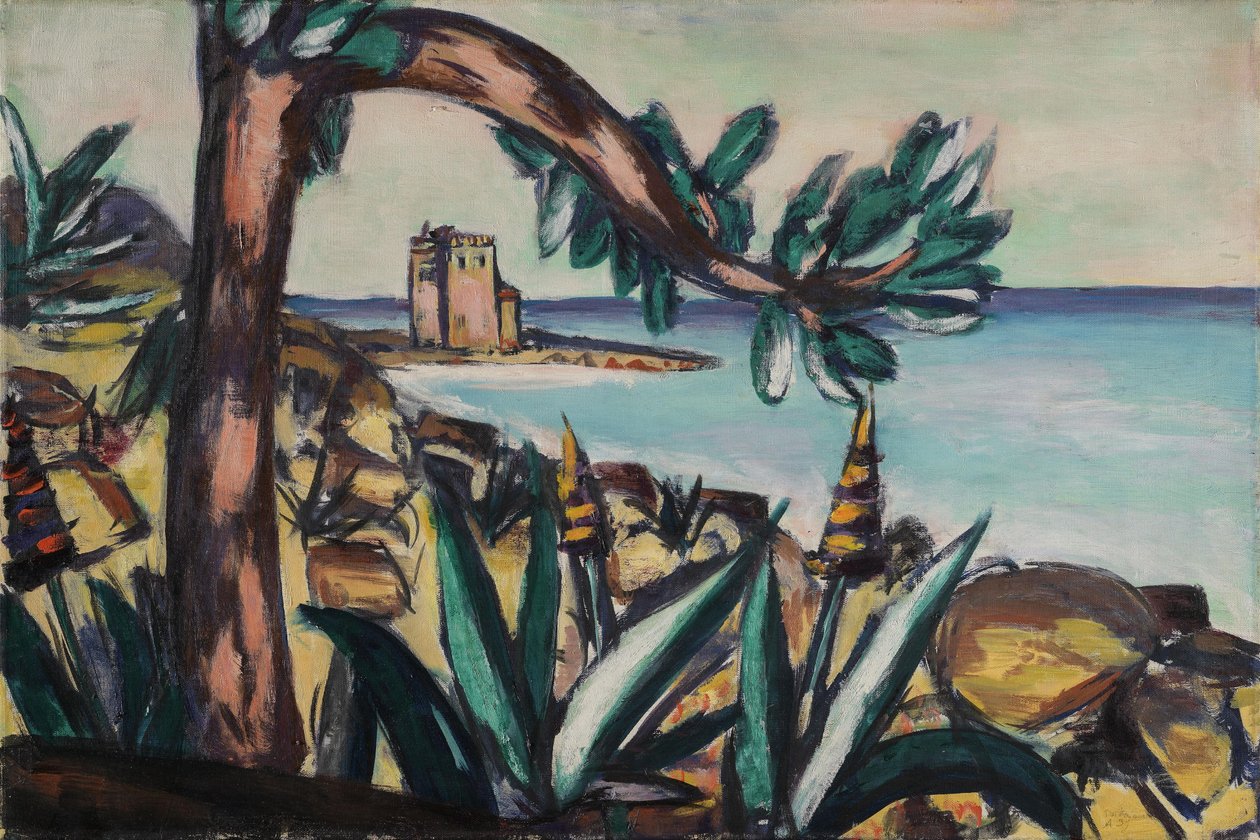 Paesaggio costiero con agavi e un antico castello da Max Beckmann