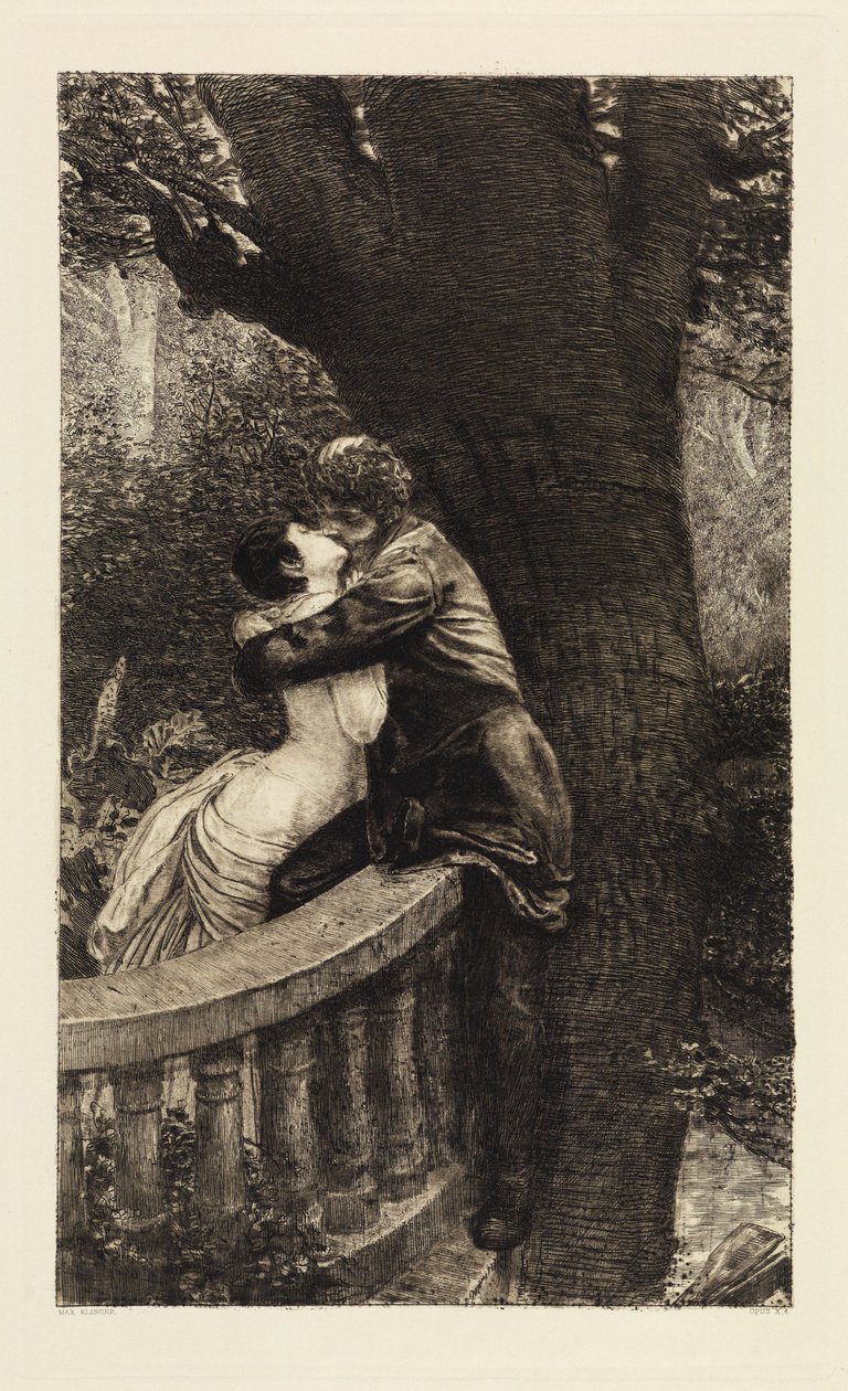 Bacio (Nel parco) (Un amore, Opus X, tavola 4) da Max Klinger
