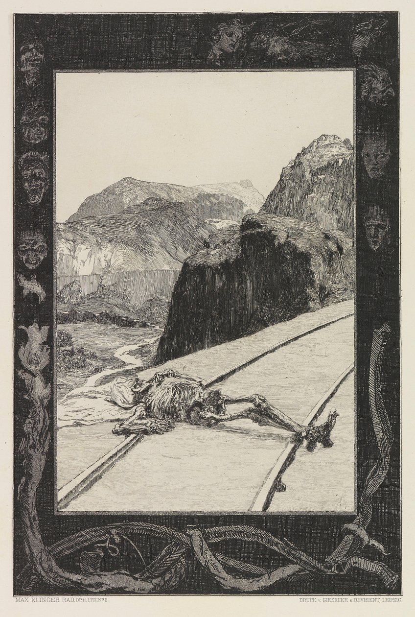 Sui binari, tavola 8 dal portfolio On Death, Parte I, Opus XI, 1897 da Max Klinger