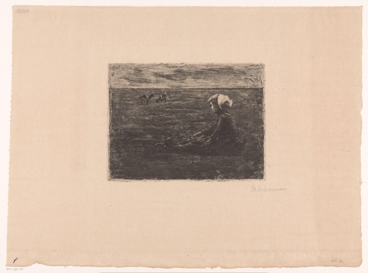 Giovane pastorella seduta nel campo da Max Liebermann (signed by artist)