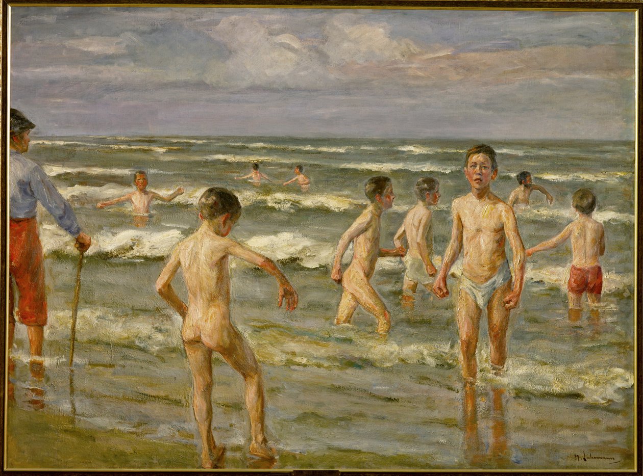 Ragazzi che fanno il bagno (pittura su tela) da Max Liebermann
