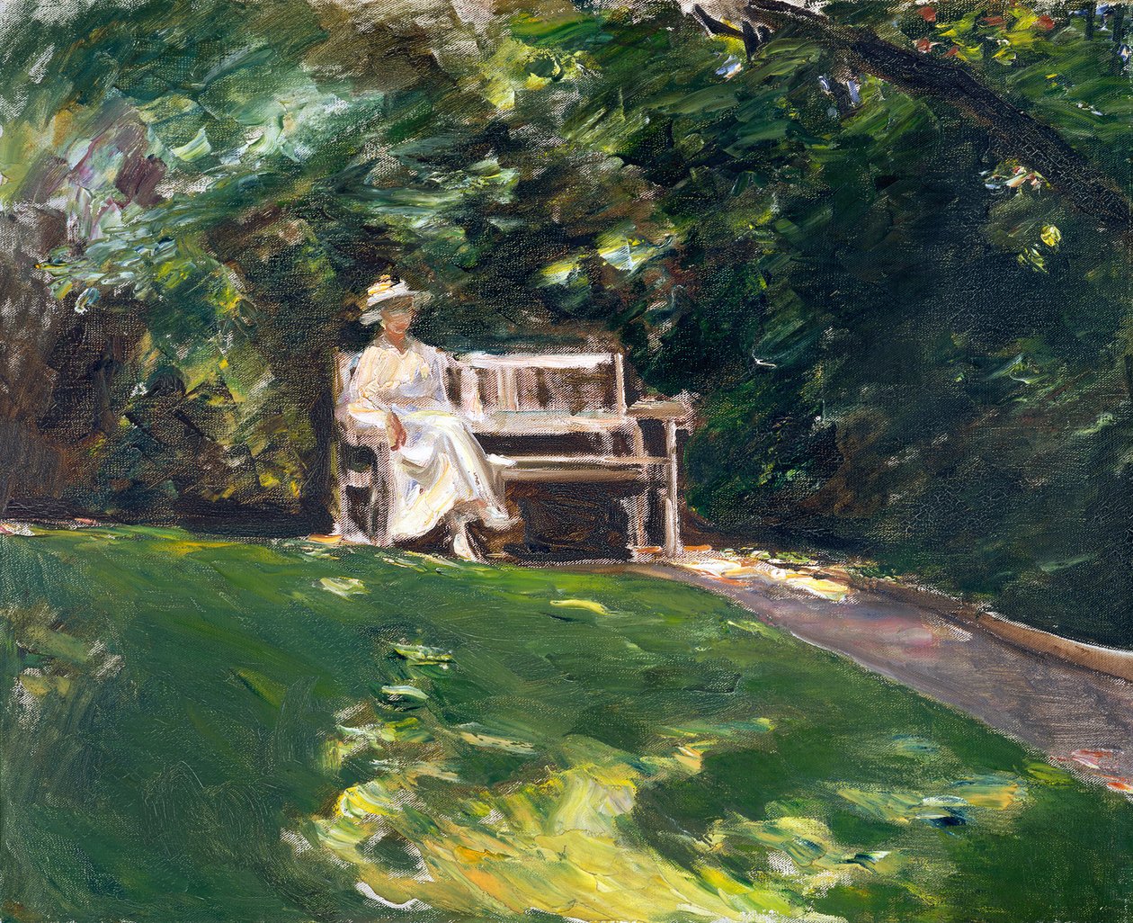 Figura della figlia su una panchina bianca in giardino da Max Liebermann