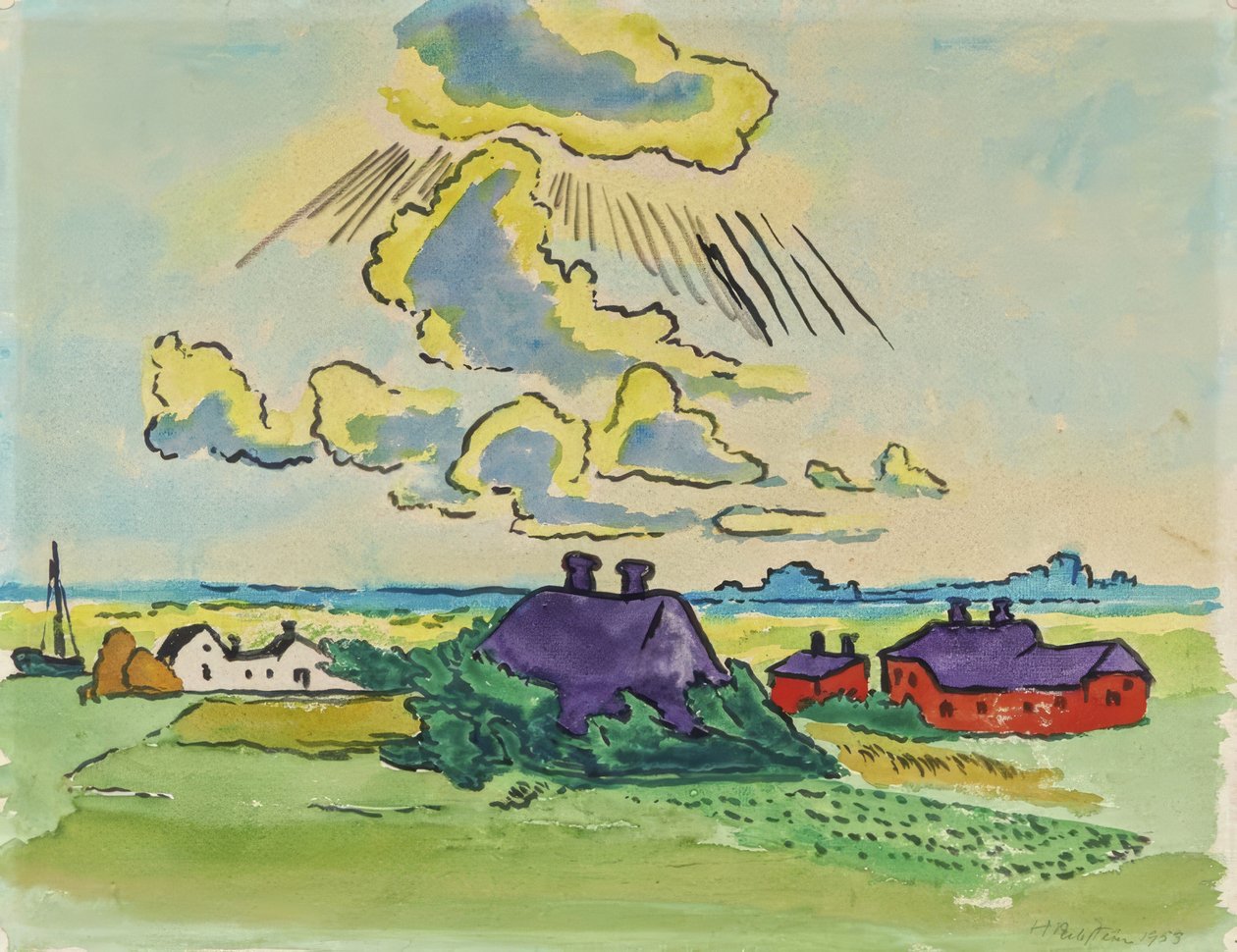 Paesaggio costiero con villaggio da Max Pechstein