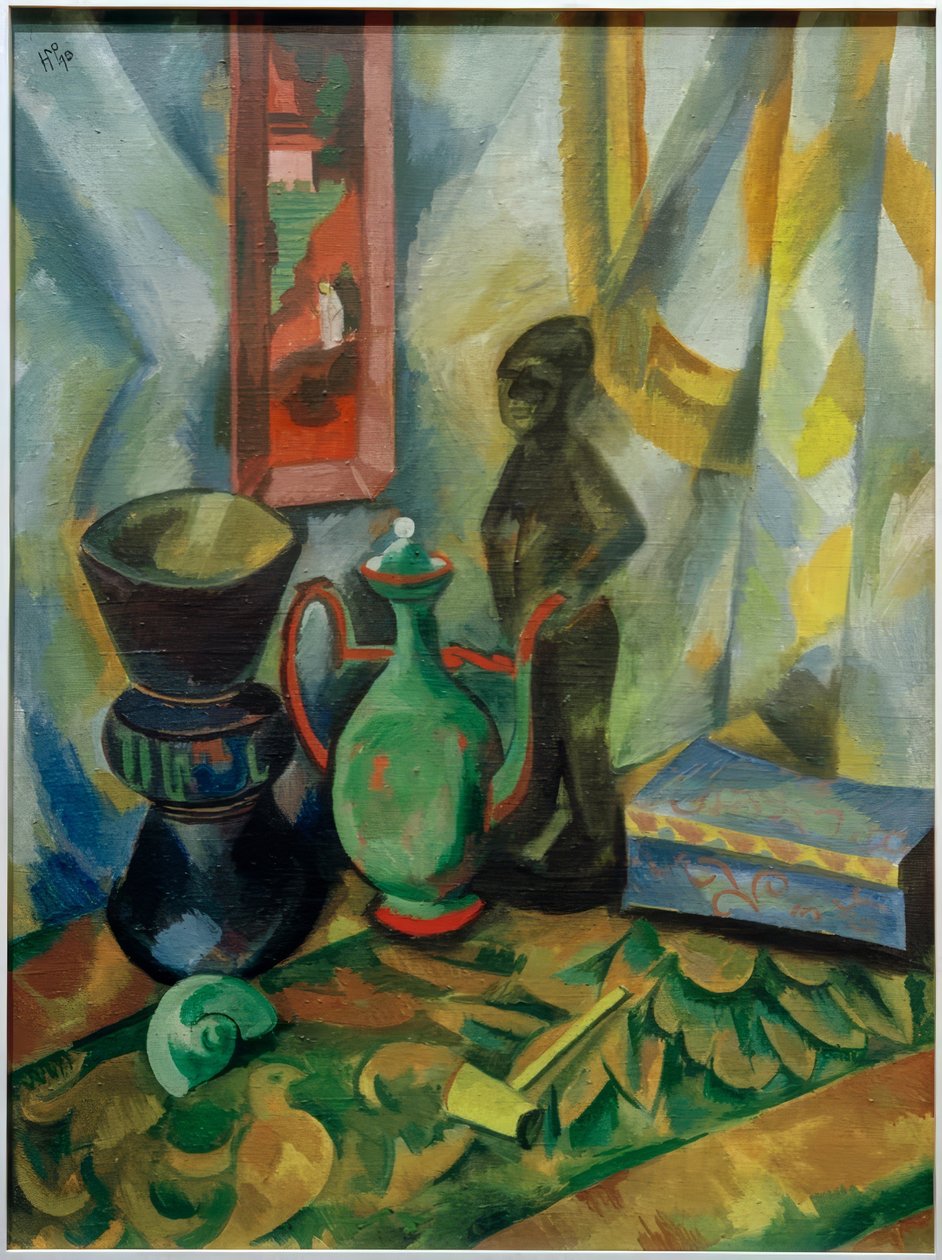 Natura morta con vaso, brocca moresca e statuetta in legno da Max Pechstein