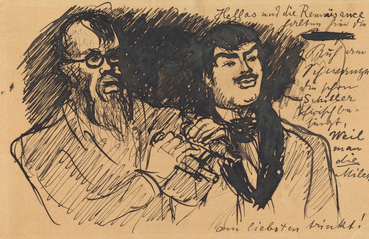 Drei Lenbach-Karikaturen: a) Brustbild; b) Ganzfigur; c) zusammen mit Stuck da Max Slevogt