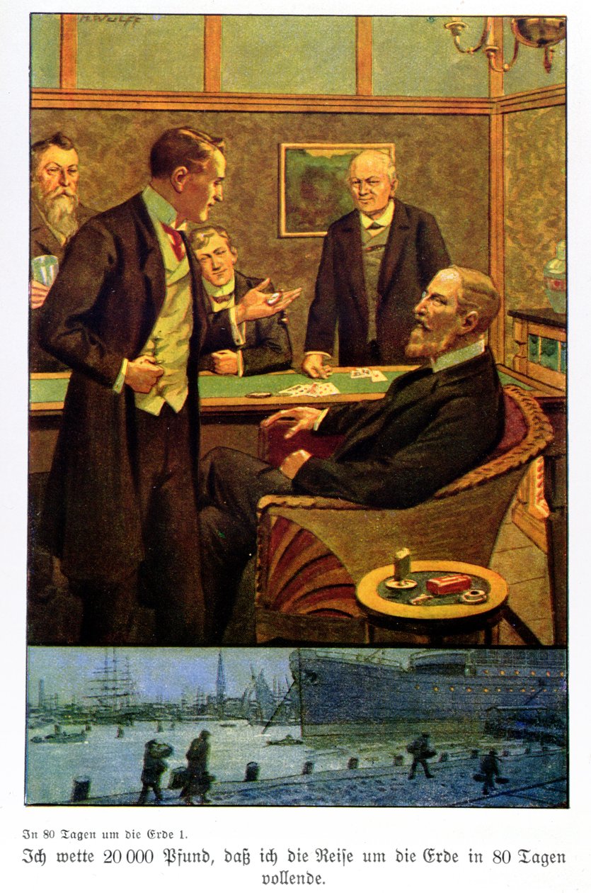 Phileas Fogg accetta la scommessa al Reform Club che può fare il giro del mondo in 80 giorni, illustrazione da un
