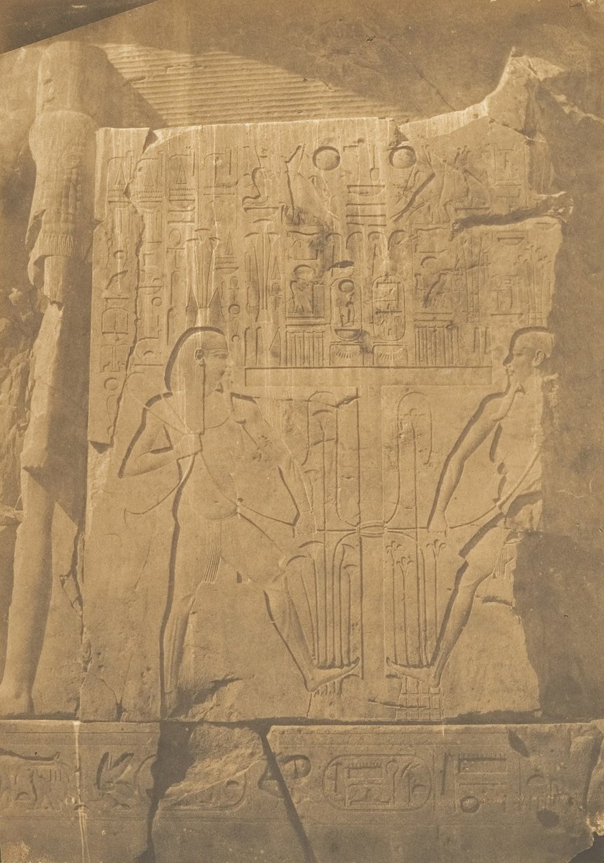 Assedio del colosso monolitico di Amenofi III, a Tebe, Dettagli delle sculture, 1849-50 da Maxime Du Camp