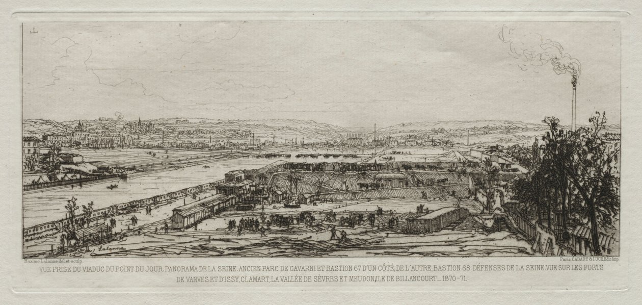 Souvenir artistiques du Siège de Paris: Vue prise du viaduc du Pont-du-Jour..., 1870-71 da Maxime Lalanne