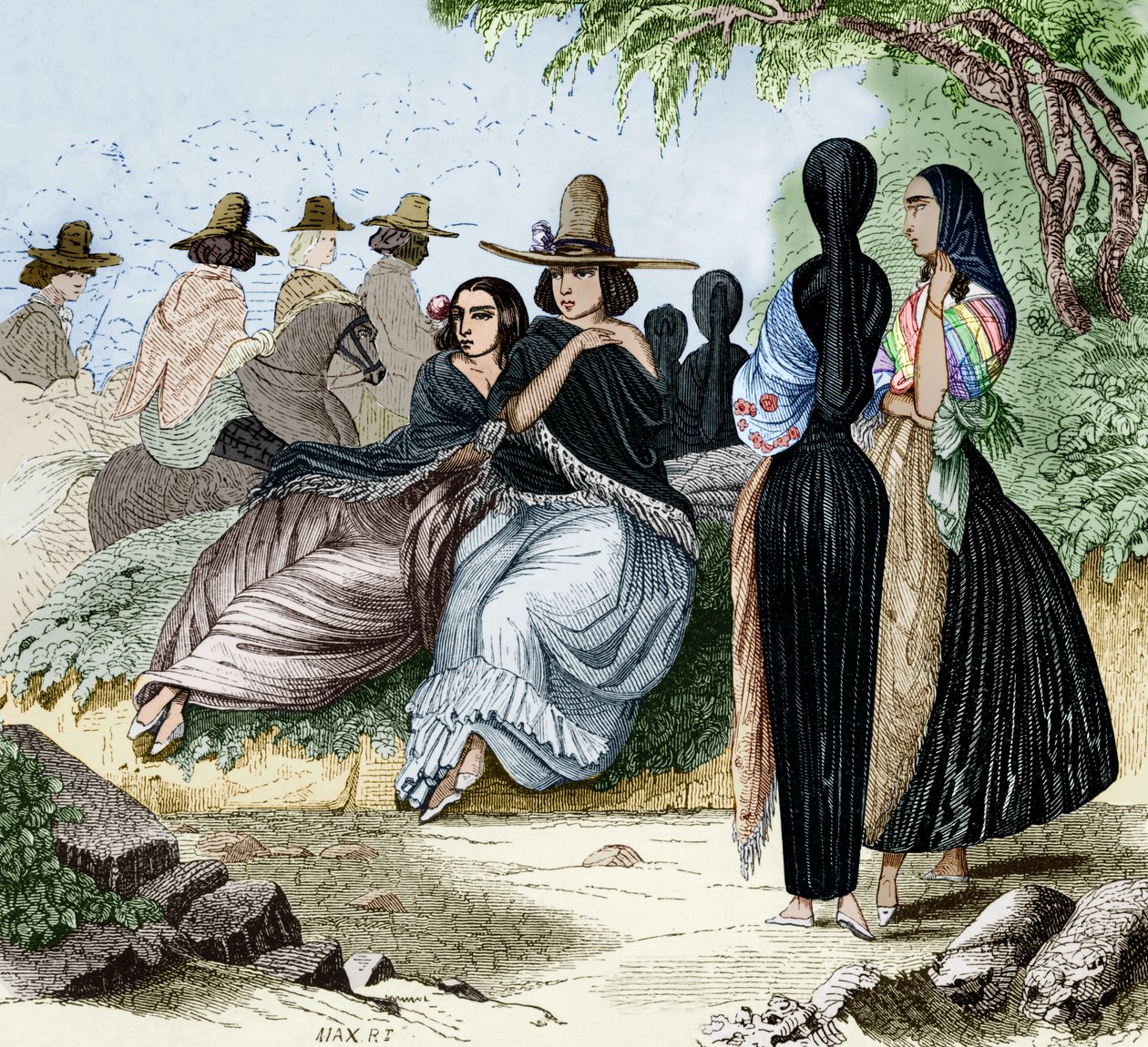 Donne di Lima in Perù, incisione dal viaggio di Radiguet a Lima negli anni 1840, documento colorato da Maximilien Radiguet