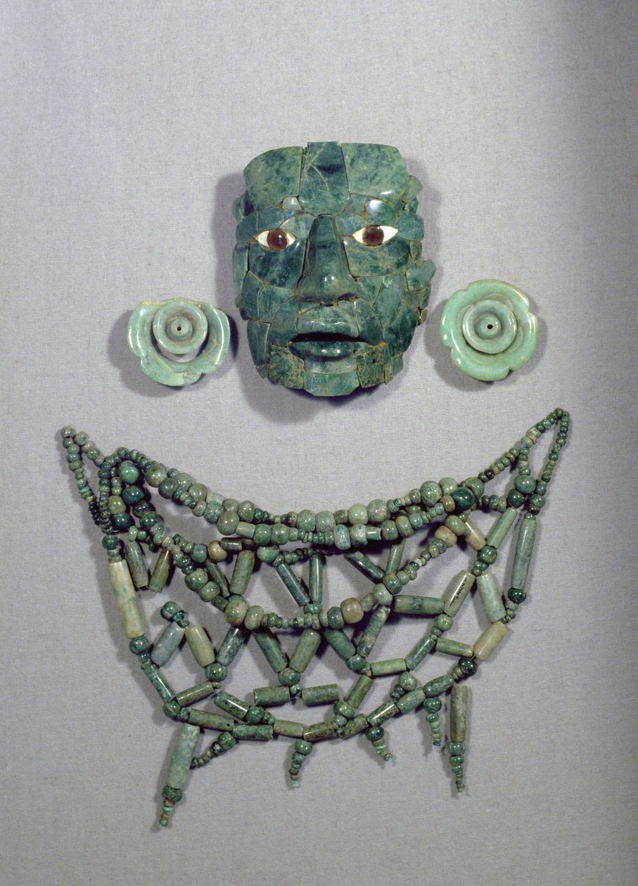 Maschera funeraria di Calakmul con collare e orecchini, Penisola dello Yucatan, Messico Periodo Classico Tardo da Mayan