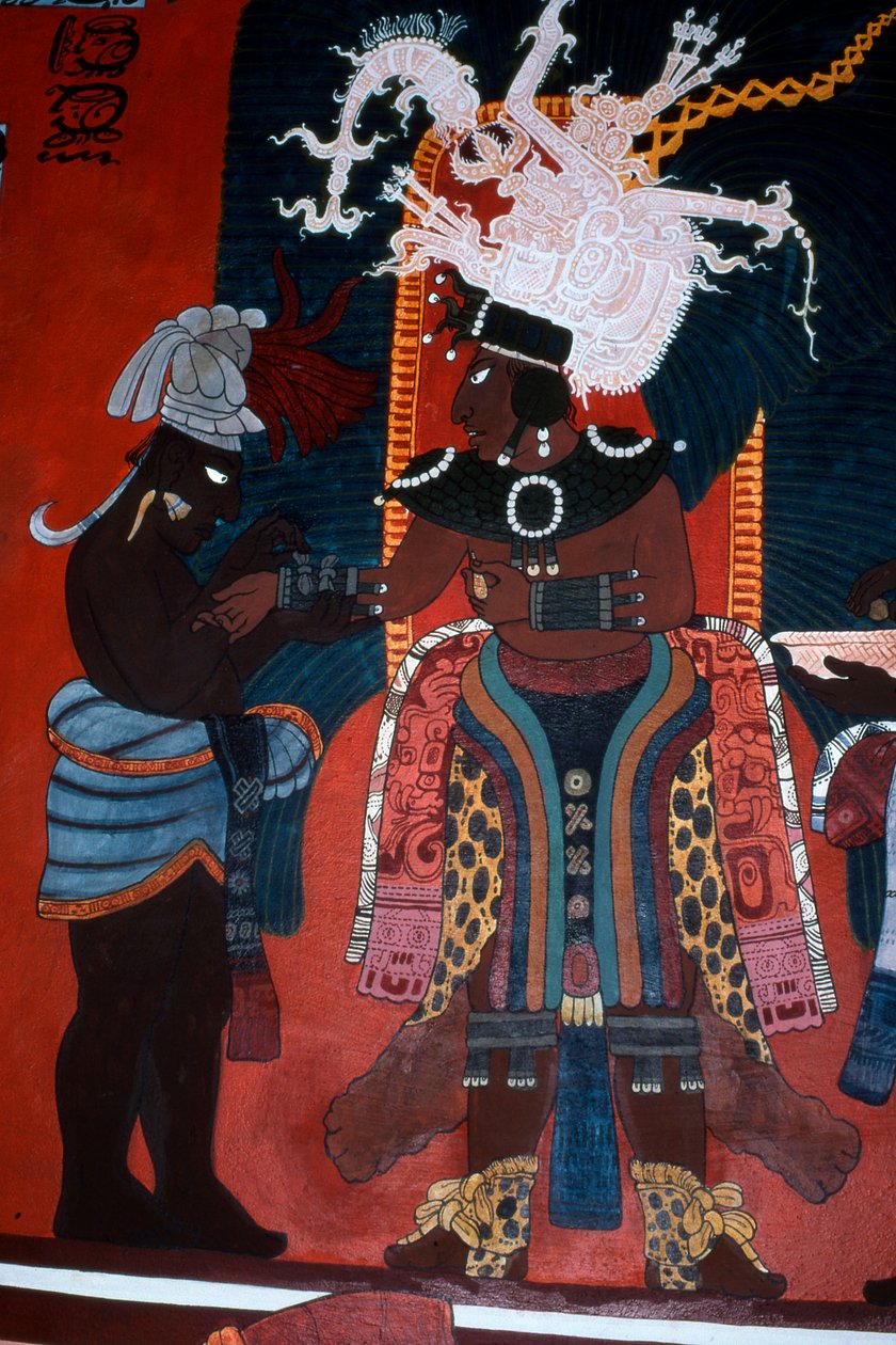 Riproduzione di un murale che mostra un servitore che veste un sovrano per una cerimonia, dal Tempio dei Murales, Bonampak da Mayan