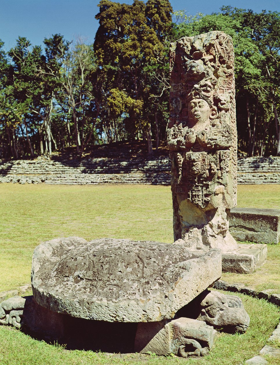 Stele C che raffigura Diciotto Coniglio e una statua di una tartaruga a due teste davanti, AD 711 da Mayan