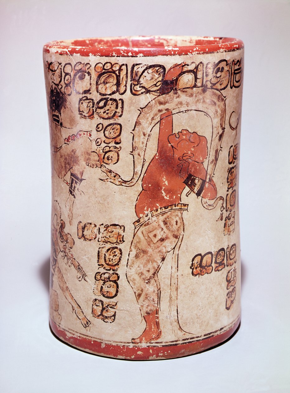 Vaso che raffigura un uomo che danza con un serpente, trovato in una tomba ad Altar de Sacrificios, Classico Maya da Mayan
