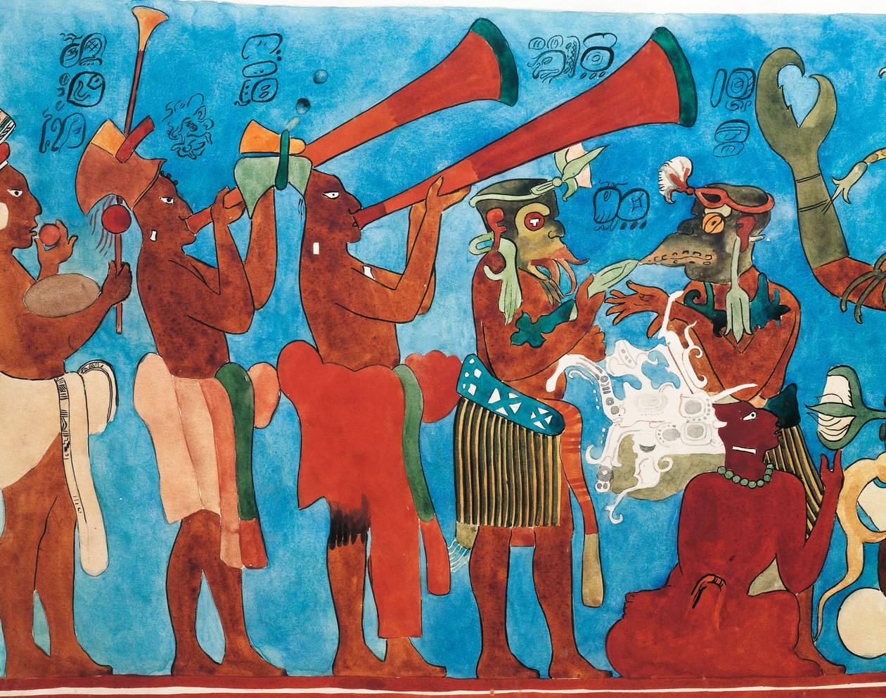 Riproduzione degli affreschi di Bonampak, dettaglio con musicisti da Mayan