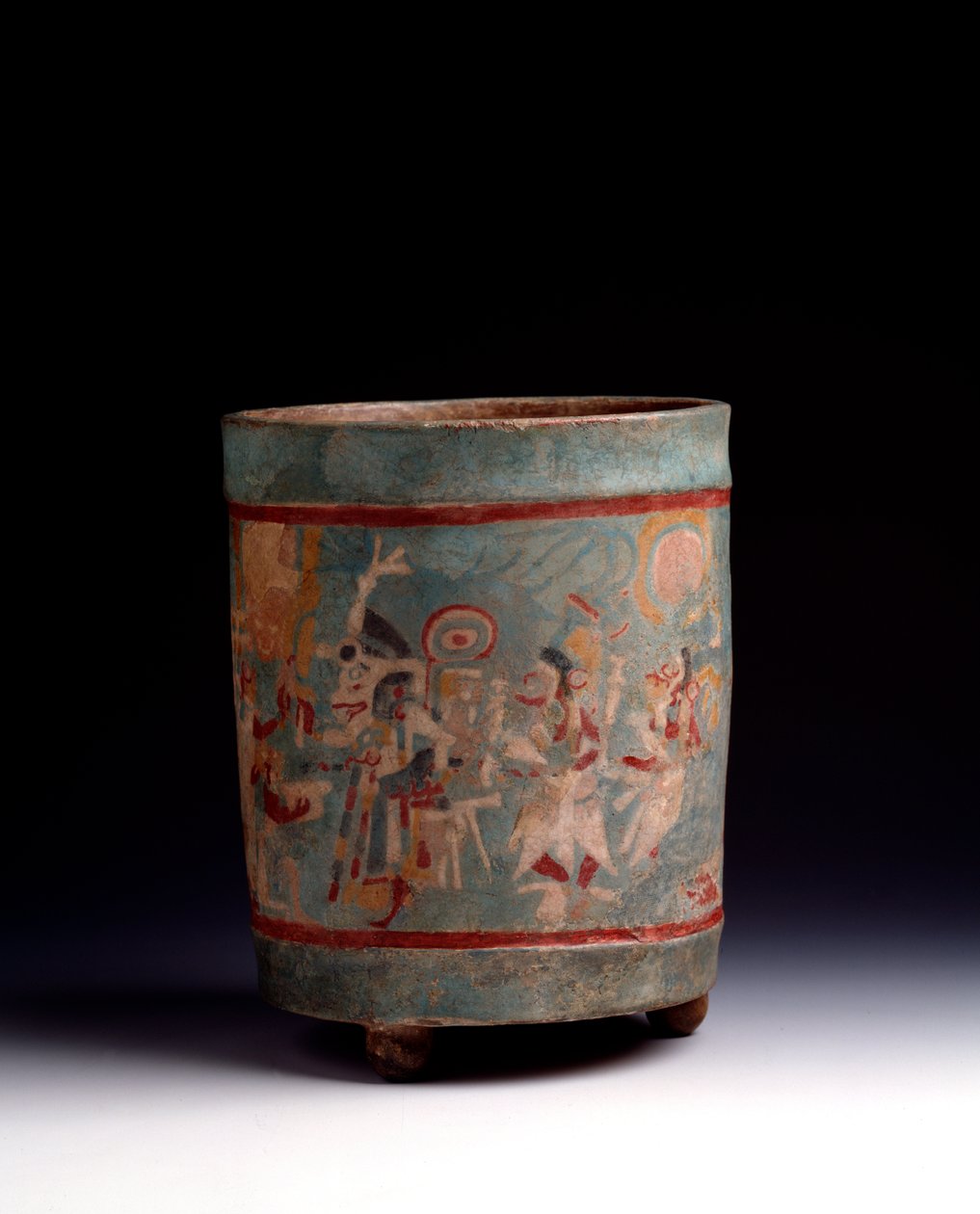 Arte precolombiana, civiltà Maya, periodo classico: vaso cilindrico in argilla policroma decorato con una scena cerimoniale con personaggi in processione. Da La Lagunita, Quiche, Guatemala. Guatemala, Museo Nazionale di Archeologia da Mayan Mayan