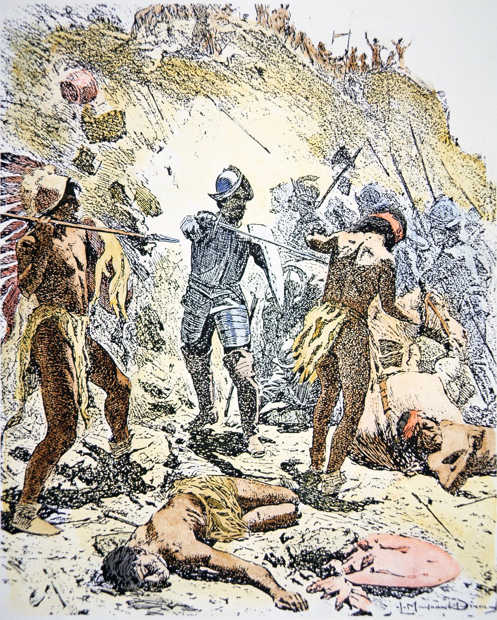 La Rivolta degli Indiani Pueblo del 1680 (incisione colorata) da Maynard Dixon
