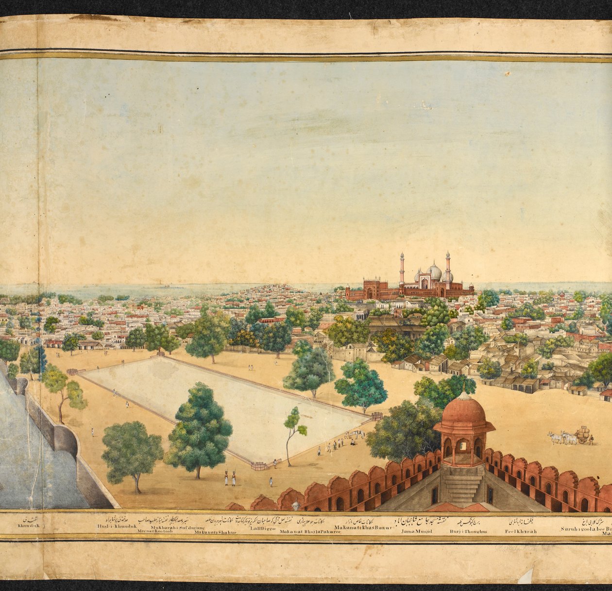 Sezione di un panorama di Delhi, che mostra la Jama Masjid da Mazar or Mazhar Ali Khan