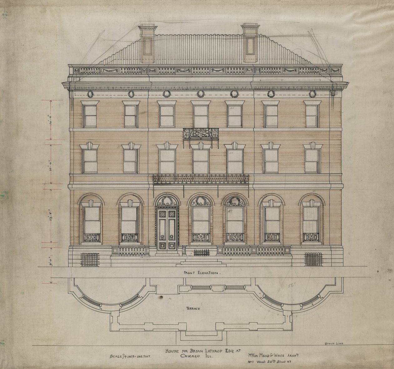 Casa Bryan Lathrop, Chicago, Illinois, Elevazione frontale e piano della terrazza da Mead and White McKim