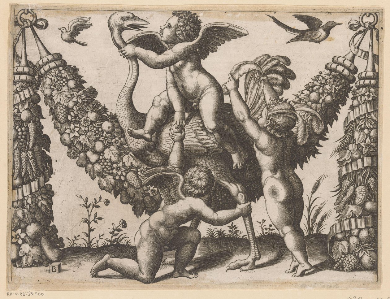 Tre putti e uno struzzo (Tapisserieën van de paus) da Meester van de Dobbelsteen