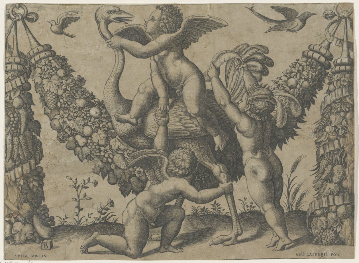 Tre putti con uno struzzo (serie: Arazzi del papa di Raffaello) da Meester van de Dobbelsteen