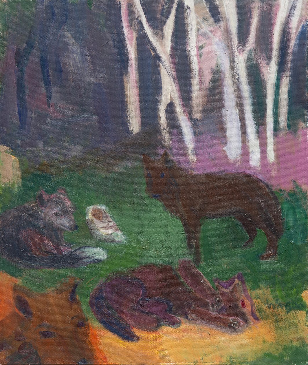 Un neonato circondato da lupi, 2016 (olio su tela) da Megan Williamson