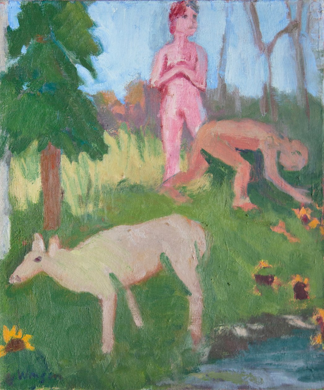 Due figure con una femmina di alce, 2016 (olio su tela) da Megan Williamson