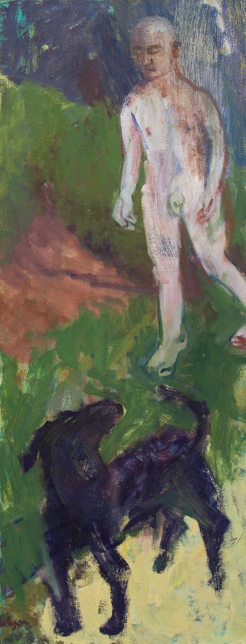 Uomo bianco che portava a spasso un cane nero, 2016 (olio su tela) da Megan Williamson