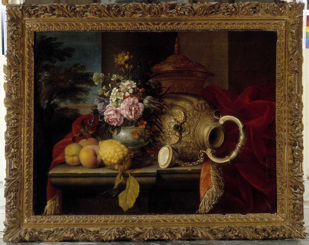 Natura morta con bouquet, frutta, vaso e tessuto rosso da Meiffren (c.1630 1705) Conte