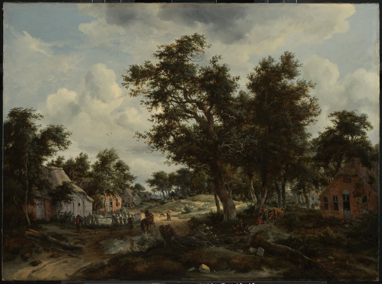 Paesaggio boscoso con viaggiatori su un sentiero attraverso un villaggio da Meindert Hobbema