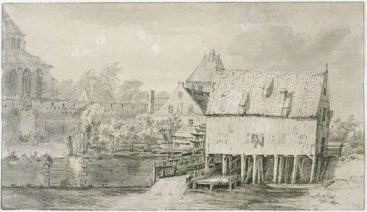 La cosiddetta chiesa Bergkerk e il mulino ad acqua a Deventer (Lugt 43) da Meindert Hobbema