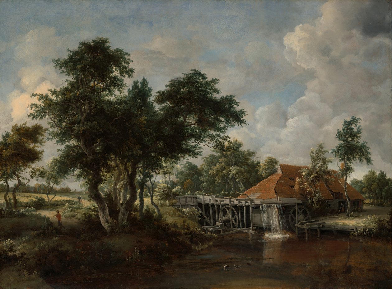 Il mulino ad acqua con il grande tetto rosso da Meindert Hobbema