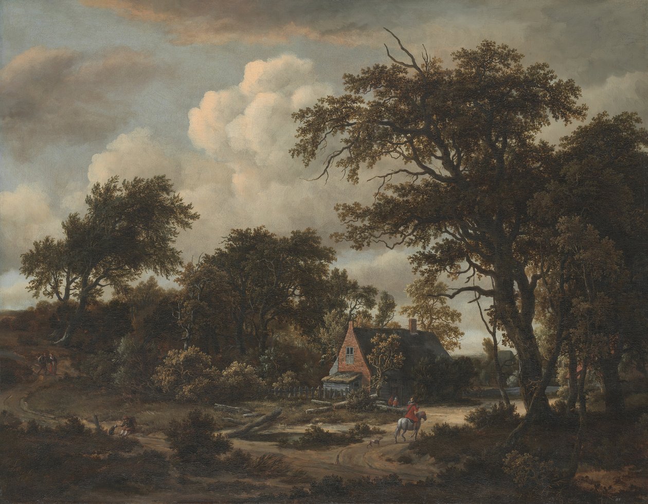 Paesaggio boscoso con cottage e cavaliere (1663) da Meindert Hobbema