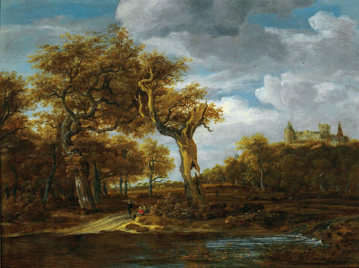 Paesaggio boscoso con due grandi querce e vista sul castello di Bentheim da Meindert Hobbema