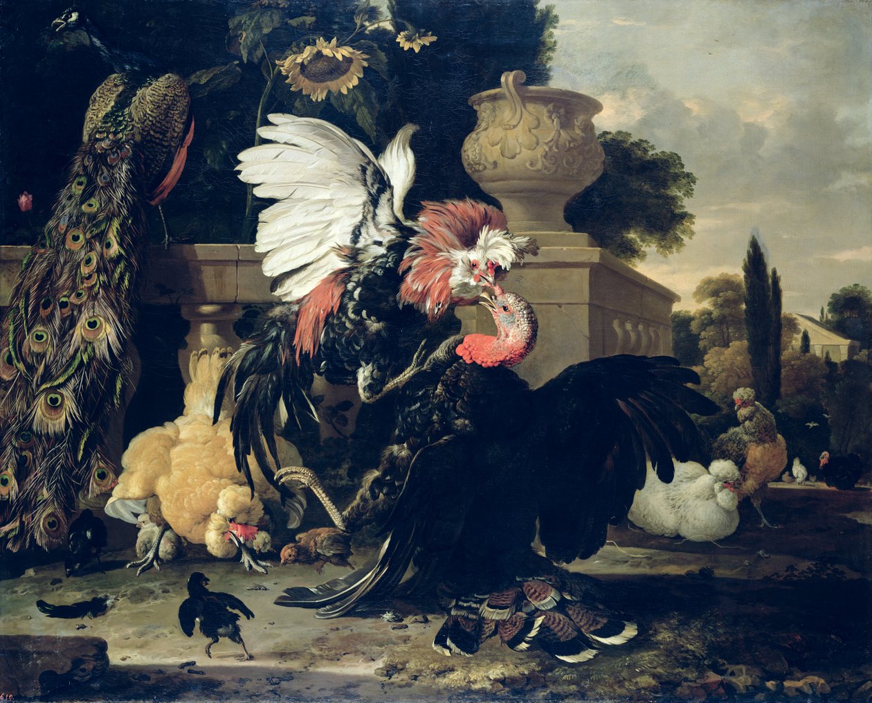 Lotta tra un gallo e un tacchino da Melchior de Hondecoeter