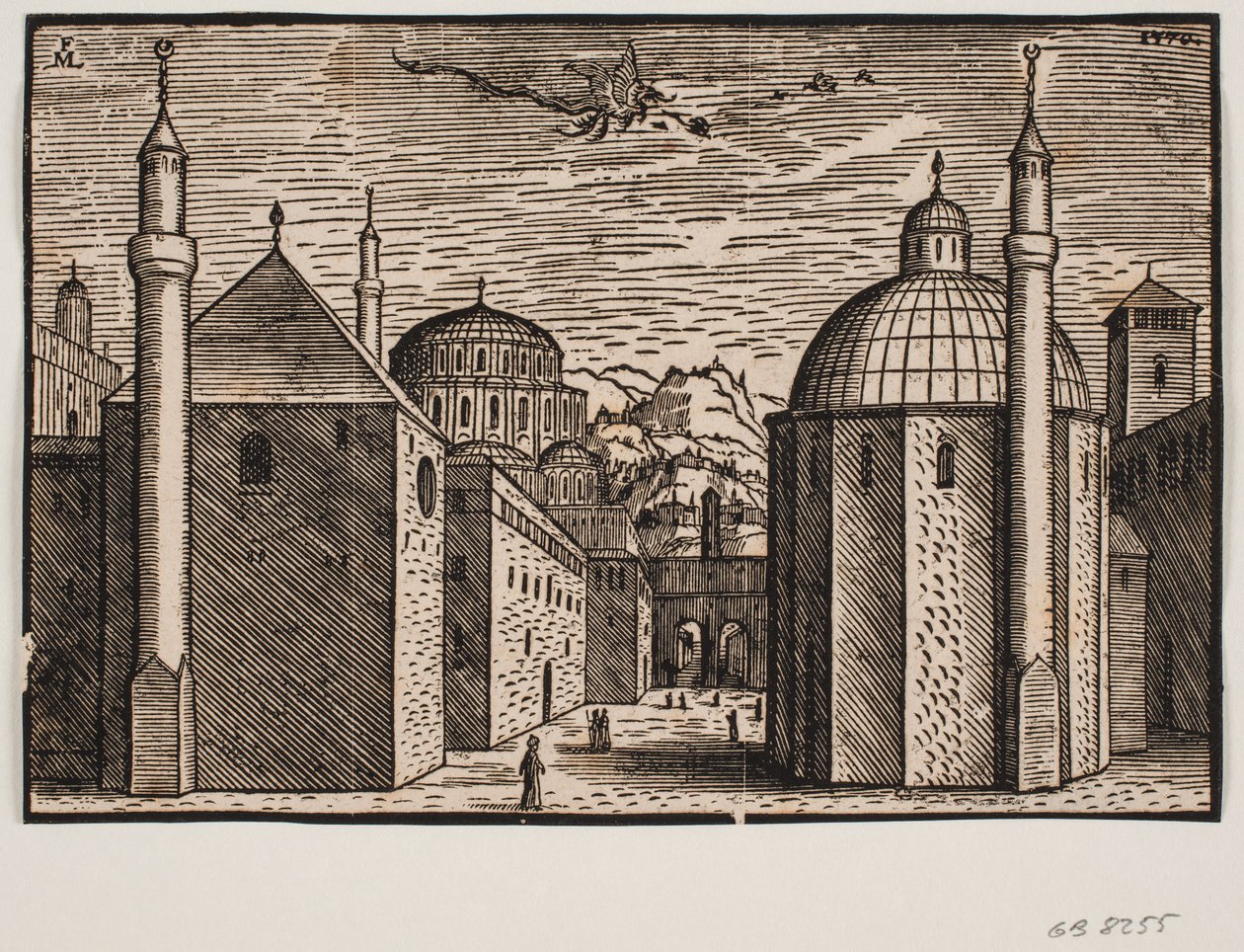 3 moschee, ciascuna con 1 minareto; nel cielo un drago volante con lunga coda da Melchior Lorck