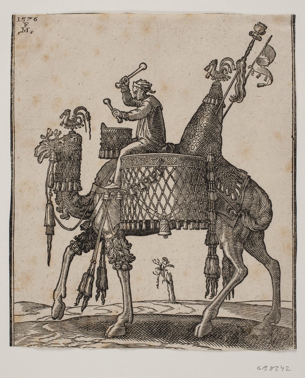 Un dromedario magnificamente equipaggiato con un timpanista come cavaliere da Melchior Lorck