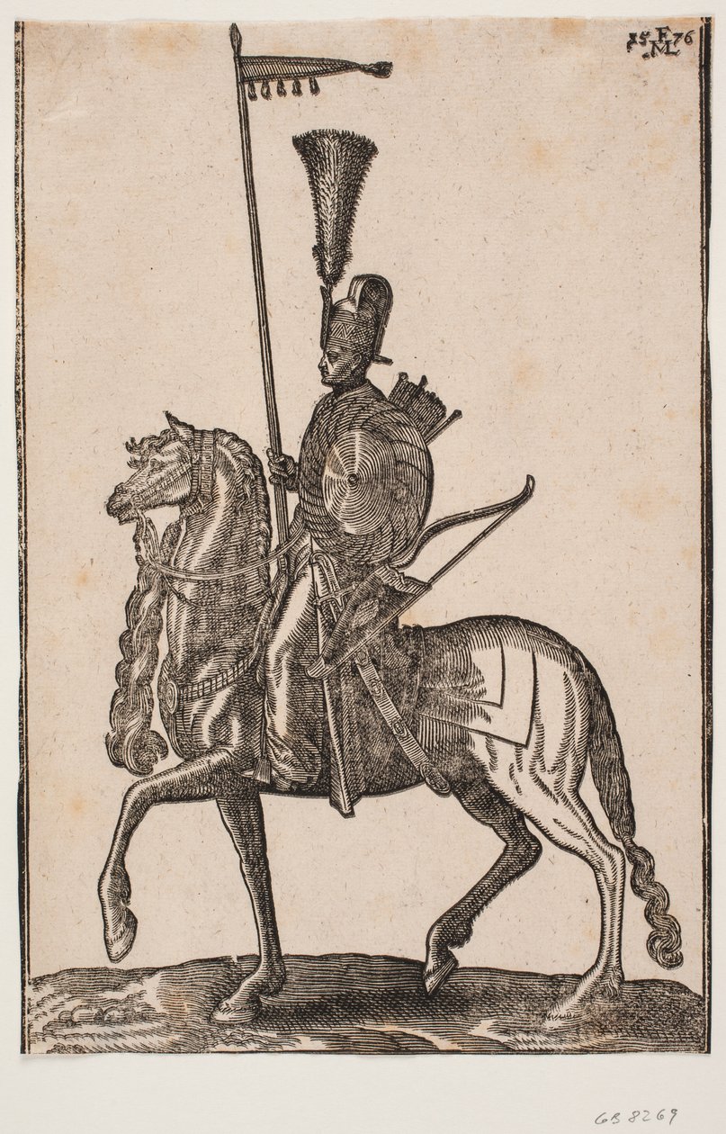 Soldato a cavallo, profilo a sinistra; lancia con bandiera, arco accanto, scudo circolare, faretra; copricapo con piume da Melchior Lorck