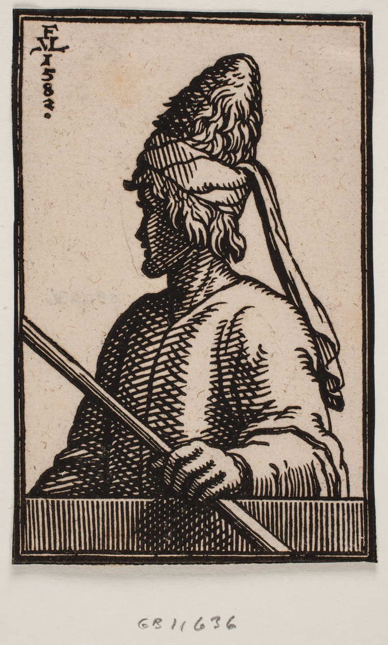 Busto di un giovane con cappello a punta di cuoio, che tiene un bastone nella mano sinistra, esteso sopra il parapetto; mostrato in profilo 3/4 dal lato sinistro dell