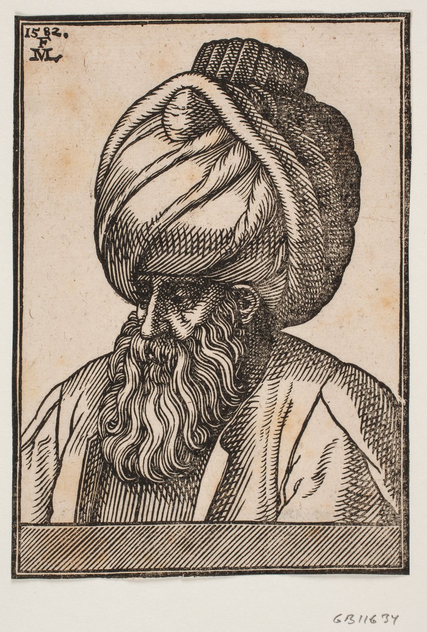 Busto di uomo con barba piena che indossa un turbante, profilo 3/4 verso sinistra da Melchior Lorck