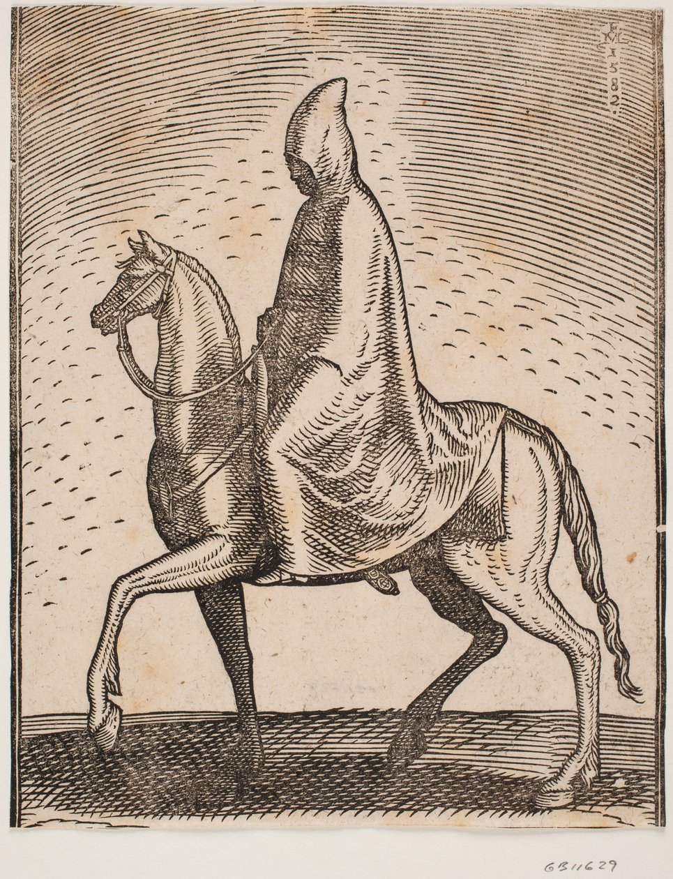 Cavaliere con mantello e cappello, profilo verso sinistra; sotto il mantello si intravede una spada da Melchior Lorck