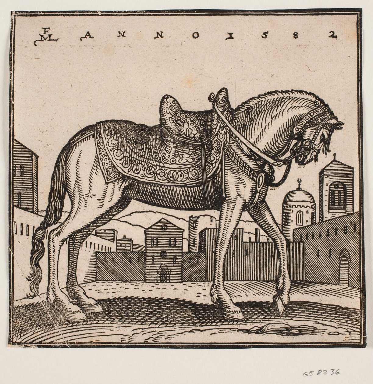 Cavallo elegante sellato, profilo a destra, su una piazza rettangolare da Melchior Lorck