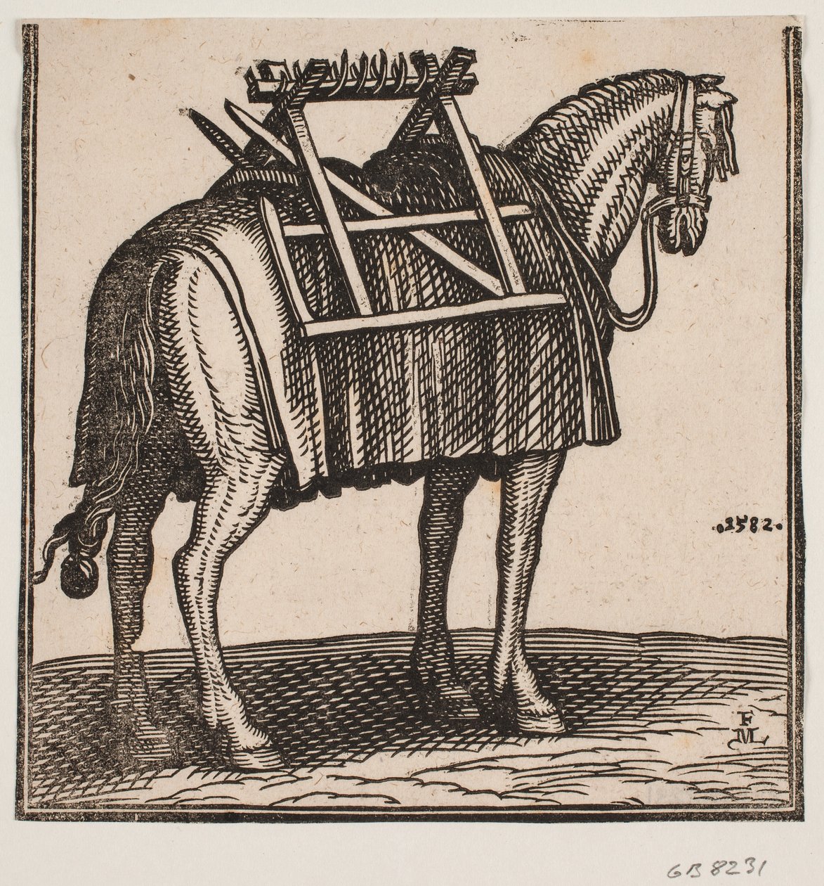 Un cavallo da soma ancora non caricato con un telaio sulla schiena, visto da dietro a sinistra. da Melchior Lorck