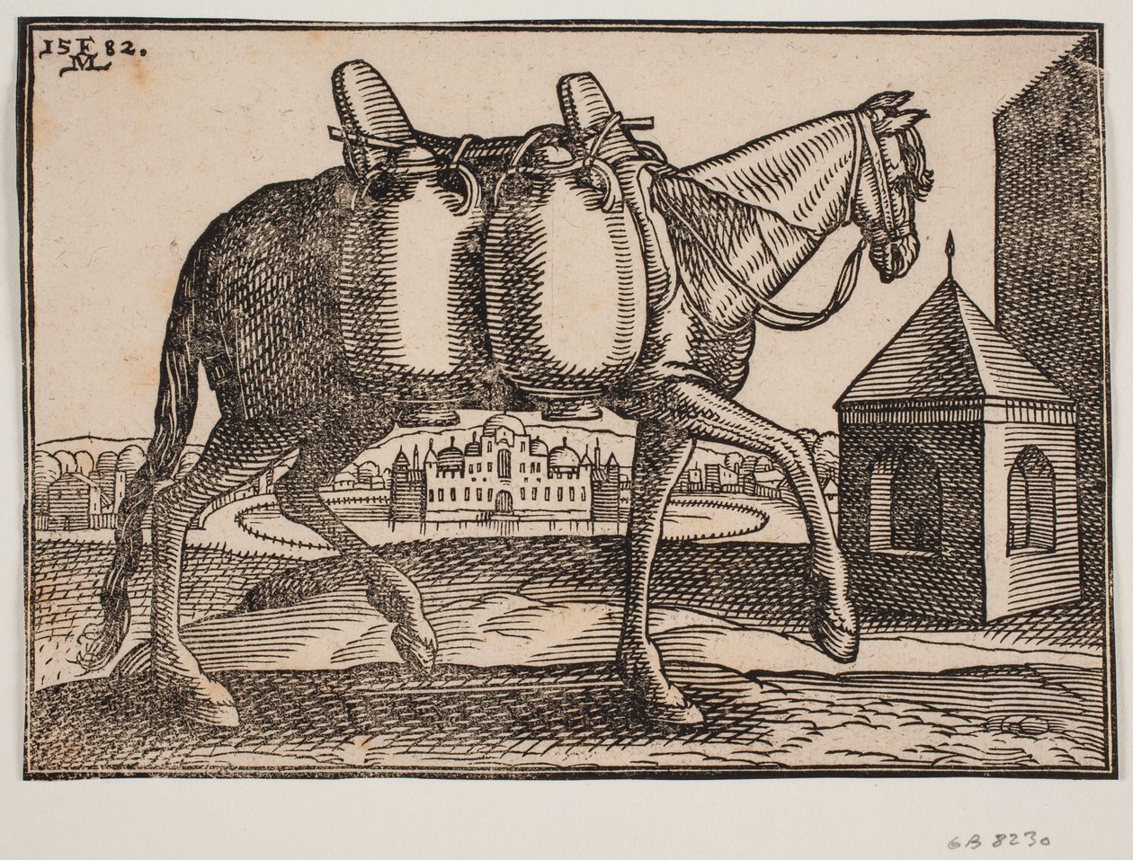 Cavallo, profilo a destra; sul lato visibile pendono due contenitori di ceramica; davanti al cavallo un pozzo quadrato con tetto a punta, dietro il cavallo un castello con torri e cupole, circondato da un fossato circolare pieno d