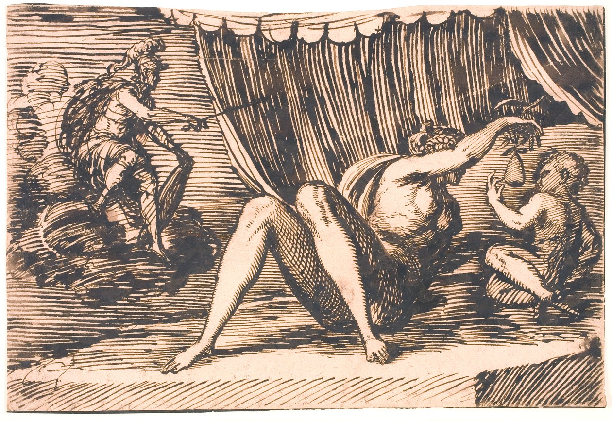 Marte, Venere che tiene una pera e un bambino da Melchior Lorck