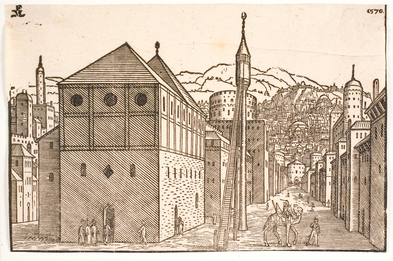 Moschea con minareto indipendente con scala esterna da Melchior Lorck